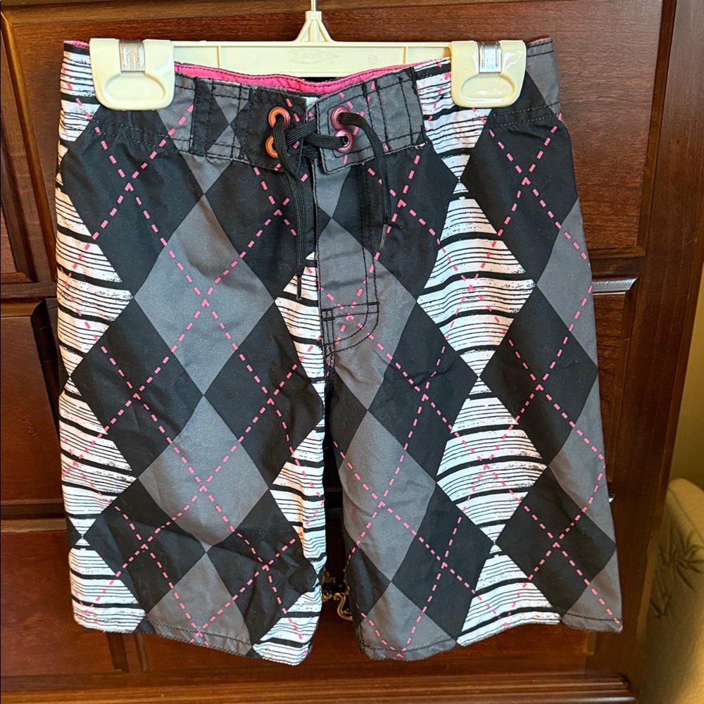 Boys Argyle Hybrid Swim Shorts - Black & Pink Accent, boys 5/6, lined, Crazy 8’s